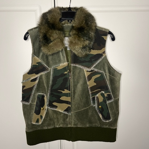 Wilsons Leather Suede Patchwork Camo Vest w/ Faux Fur Collar - Picture 2 of 12